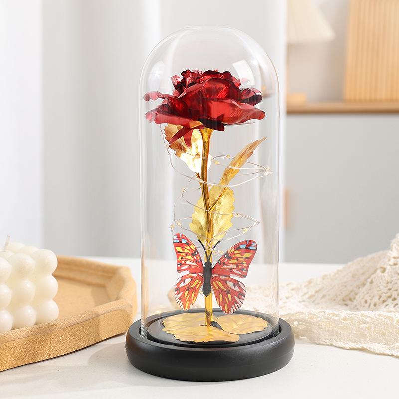 Ornamento de Luz Cúpula de Vidro Flor Rosa Folha de Ouro Feito à Mão - Caixa de Presente Dia dos Namorados