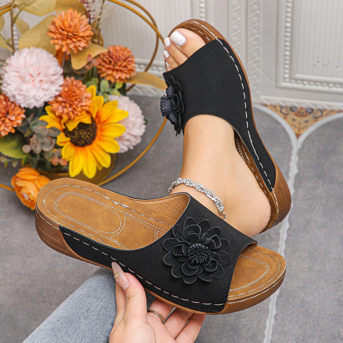 

Стильные босоножки на танкетке с цветочным принтом, мягкие удобные босоножки на платформе с полостью, женская повседневная обувь 36 чёрный