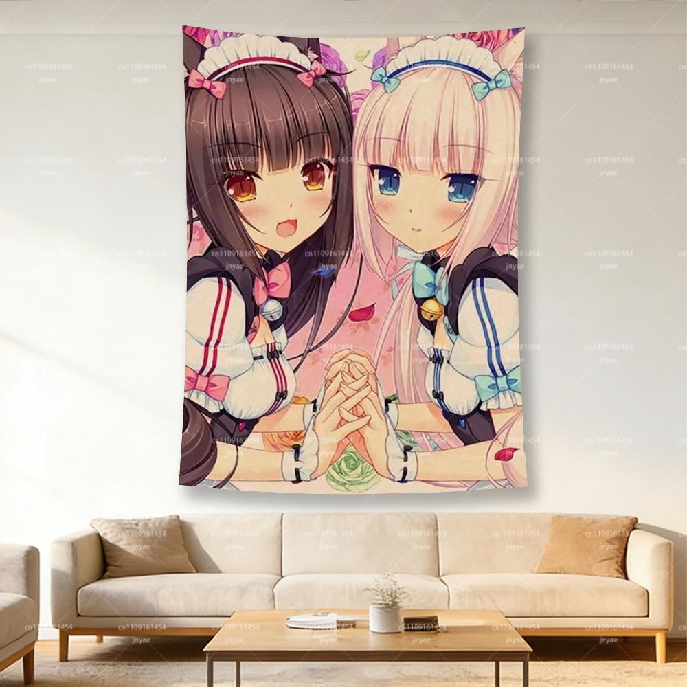 Nekopara Chocola Vanilla Tapestry Anime Cat Maid Girls Wall Hanging Pink Floral Kawaii Bedroom Dorm Decor Soft Fabric
