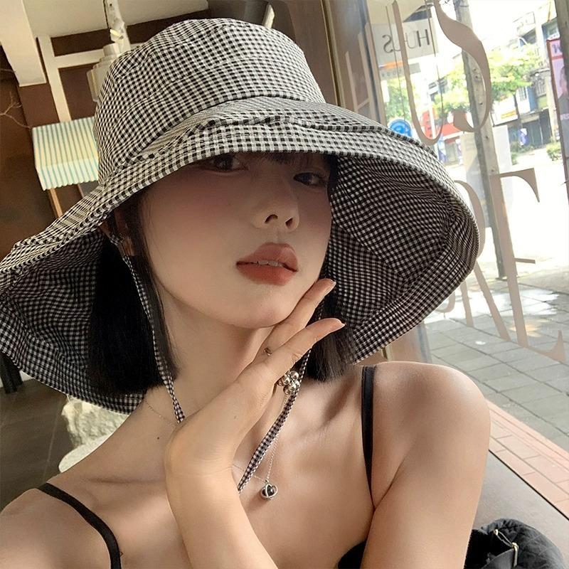 Thousand bird grid bucket hat women's summer uv anti-ultraviolet sunshade sunscreen hat big brim face covering sun hat