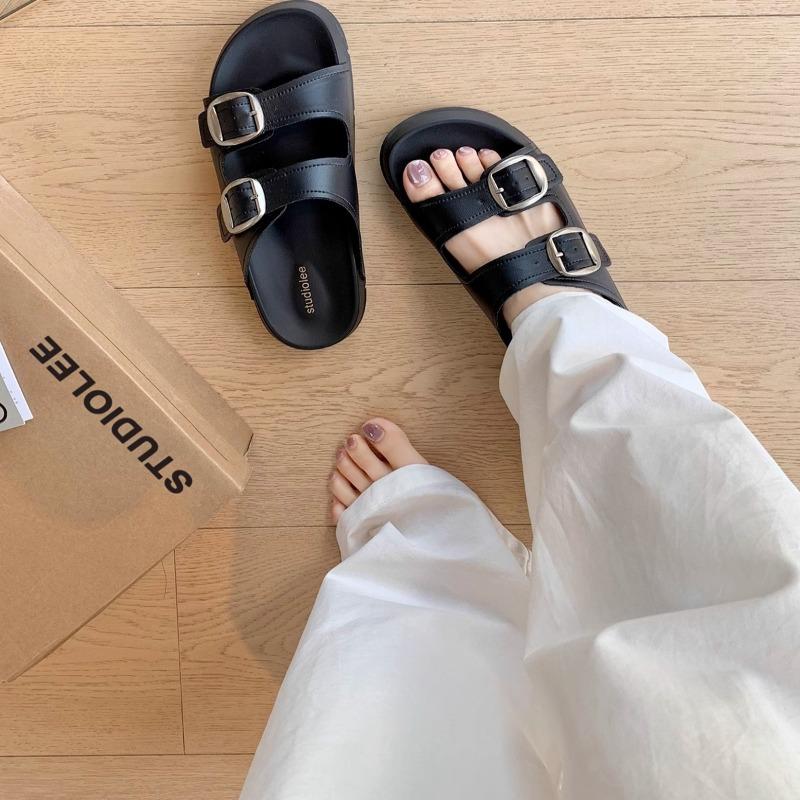 Sheepskin version~ Height increase 3.5cm~ Lazy round head double buckle with beach wear cool slippers