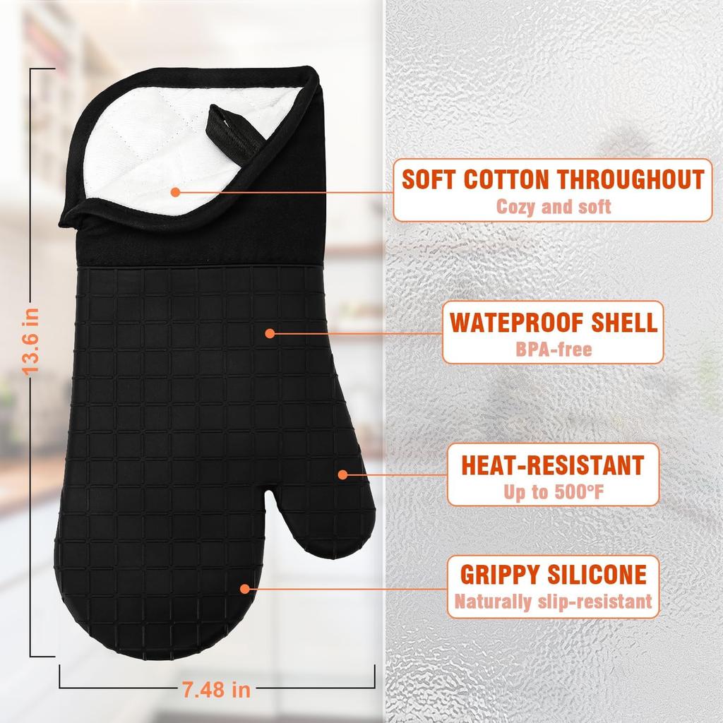 Silicone Oven Mitts Heat Resistant Oven Gloves with Non-Slip Waterproof Soft Lining Silicone Oven Mitt for Potholders Cooking Baking Kitchen Mitten,