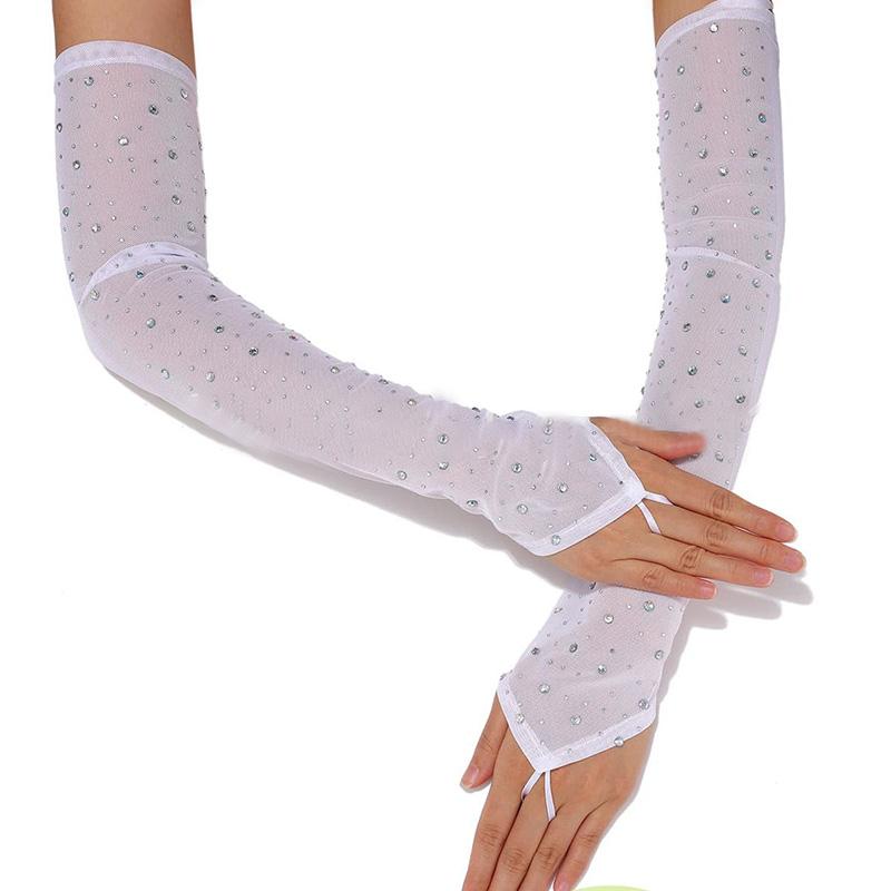 Damen Strass Netz Haken Finger Lange Handschuhe Sexy Party Transparent Atmungsaktiv Fingerlose Handschuhe Elastizität Armstulpen One Size white