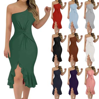 Damenmode Sexy One Shoulder Einfarbiges Rüschenkleid