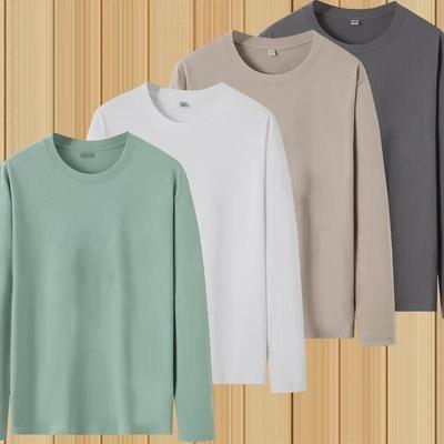 T-shirt da uomo a maniche lunghe a tinta unita, Imitazione Cotone Seta di Latte, Girocollo, Primavera/Autunno, Taglia Grande, Tessuto Morbido.