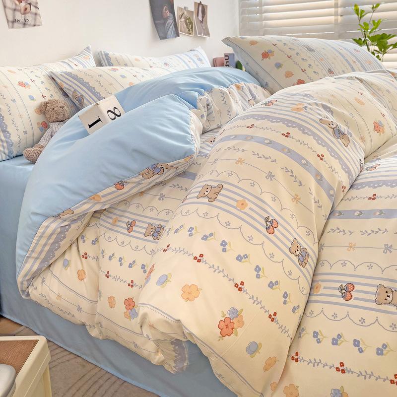 Washed Cotton 4Pcs Dormitory Small Fresh Naked Sleeping 3Pcs Double-Layer Yarn Bed Sheet Quilt Cover
