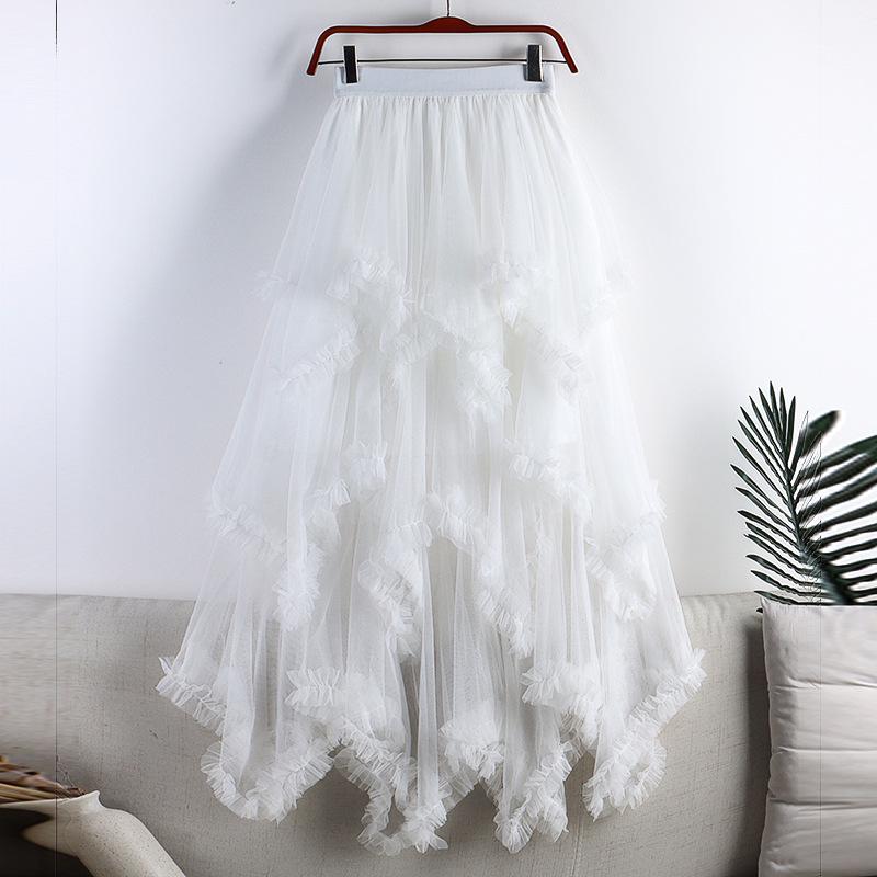 2026 Spring-Summer Women's High-Waisted Irregular Mesh Ruffle Layered Long Skirt