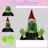 Conjunto hilário de máscara do Grinch e luvas peludas verdes, ideal para festas de Natal e celebrações de Halloween.