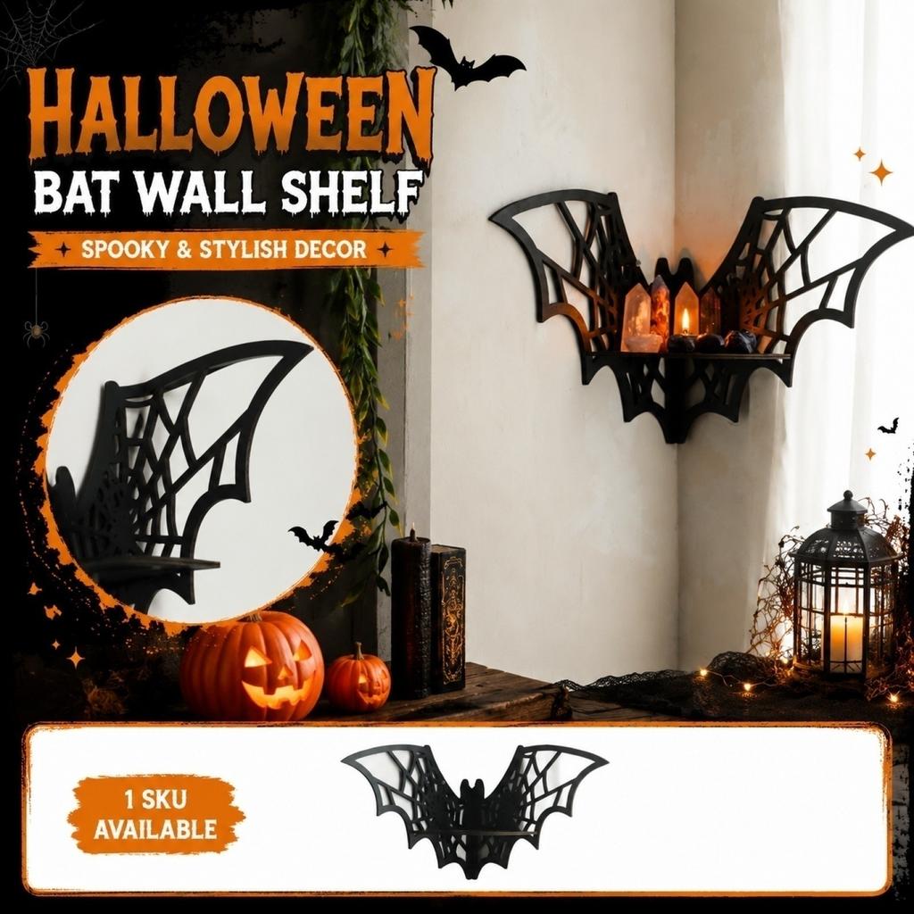 Wooden Hollow Bat Shaped Wall Shelf with Web Design Decorative Storage Rack for Halloween Home Wall Mounted Organizer