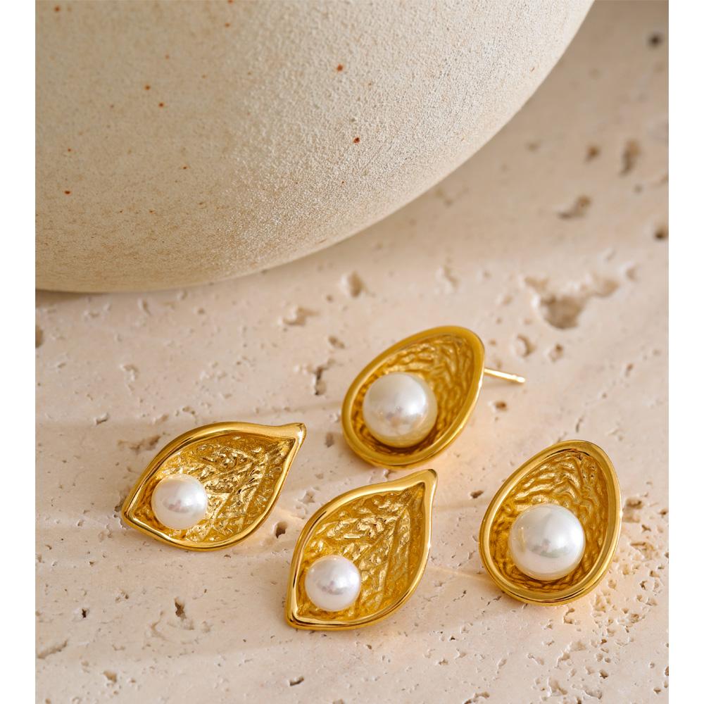 Eetit New Stainless Steel Simulated Pearls Leaf Stud Earrings 18K Golden Plated Chic Daily Jewelry Hypoallergenic