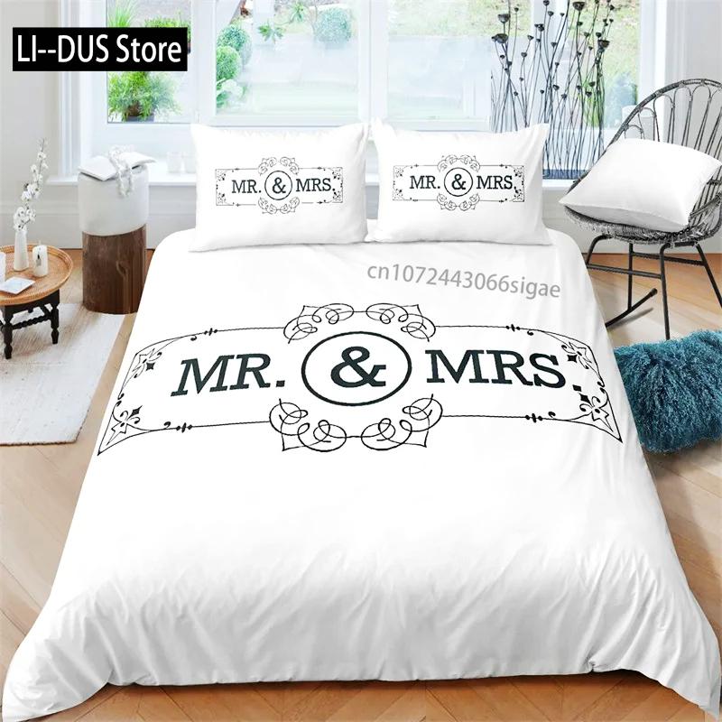 Black and White Duvet Cover Queen/King/Full Size Mr and Mrs Bedding Set 3Pieces Soft Microfiber Couple Romantic Comforter Cover