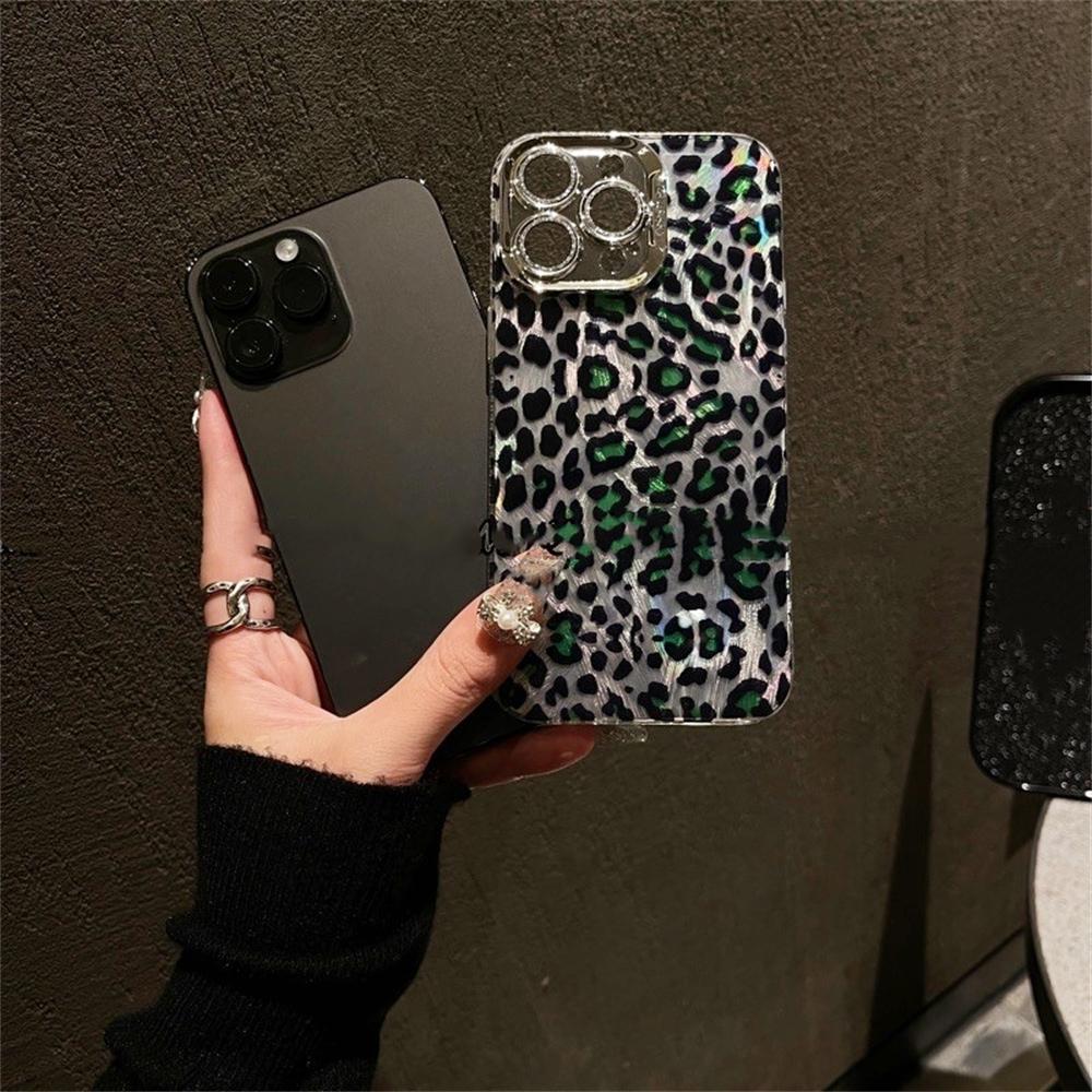 Luxuriöse Handyhülle mit Laser-Strahlen und Glitzer-Leoparden-Print für iPhone 15 14 13 12 11 Pro Max Plus, Glitzer-Diamant-Objektiv, weiche Hülle