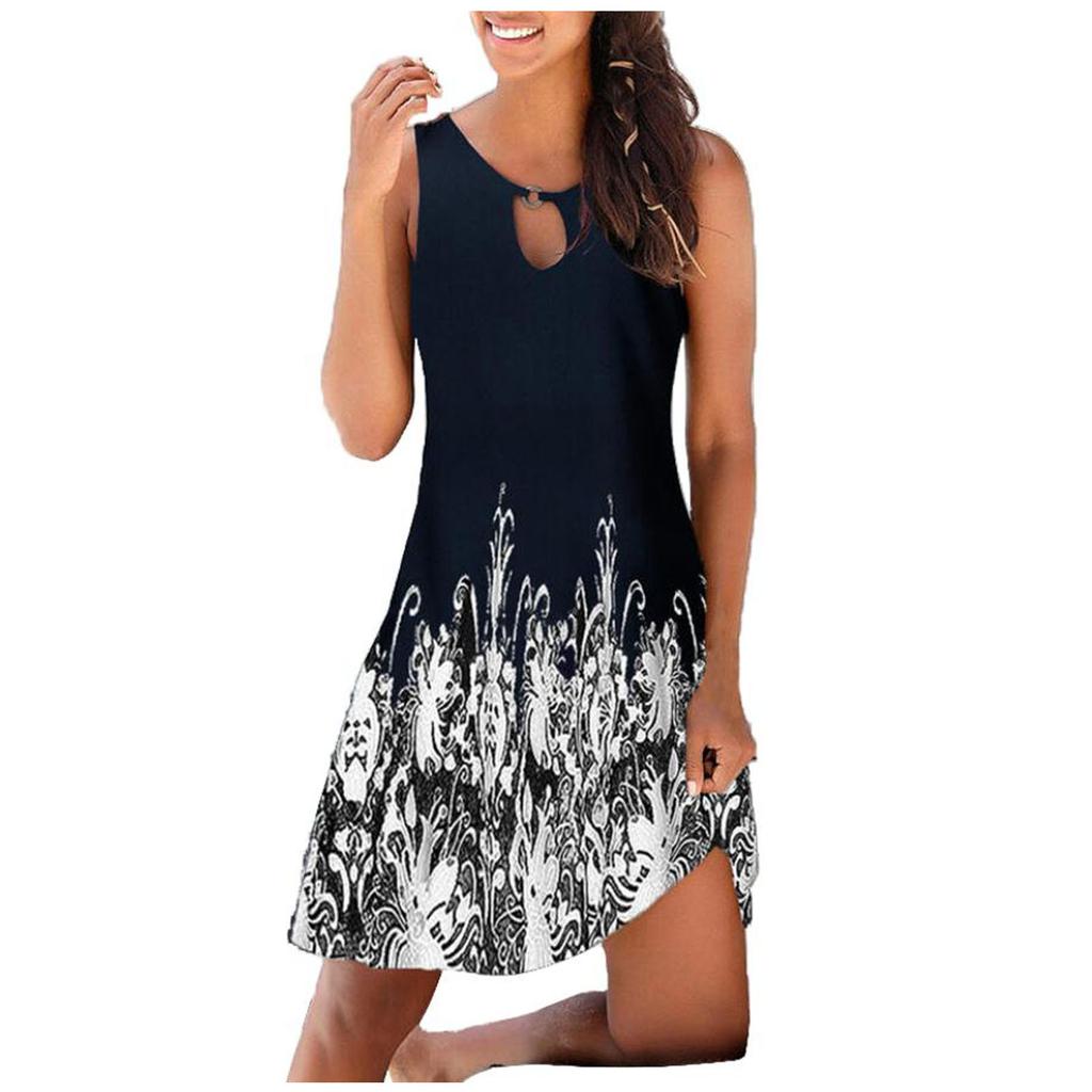 Women Summer  Print Hollow Out Sleeveless Loose Tank Mid Dresses