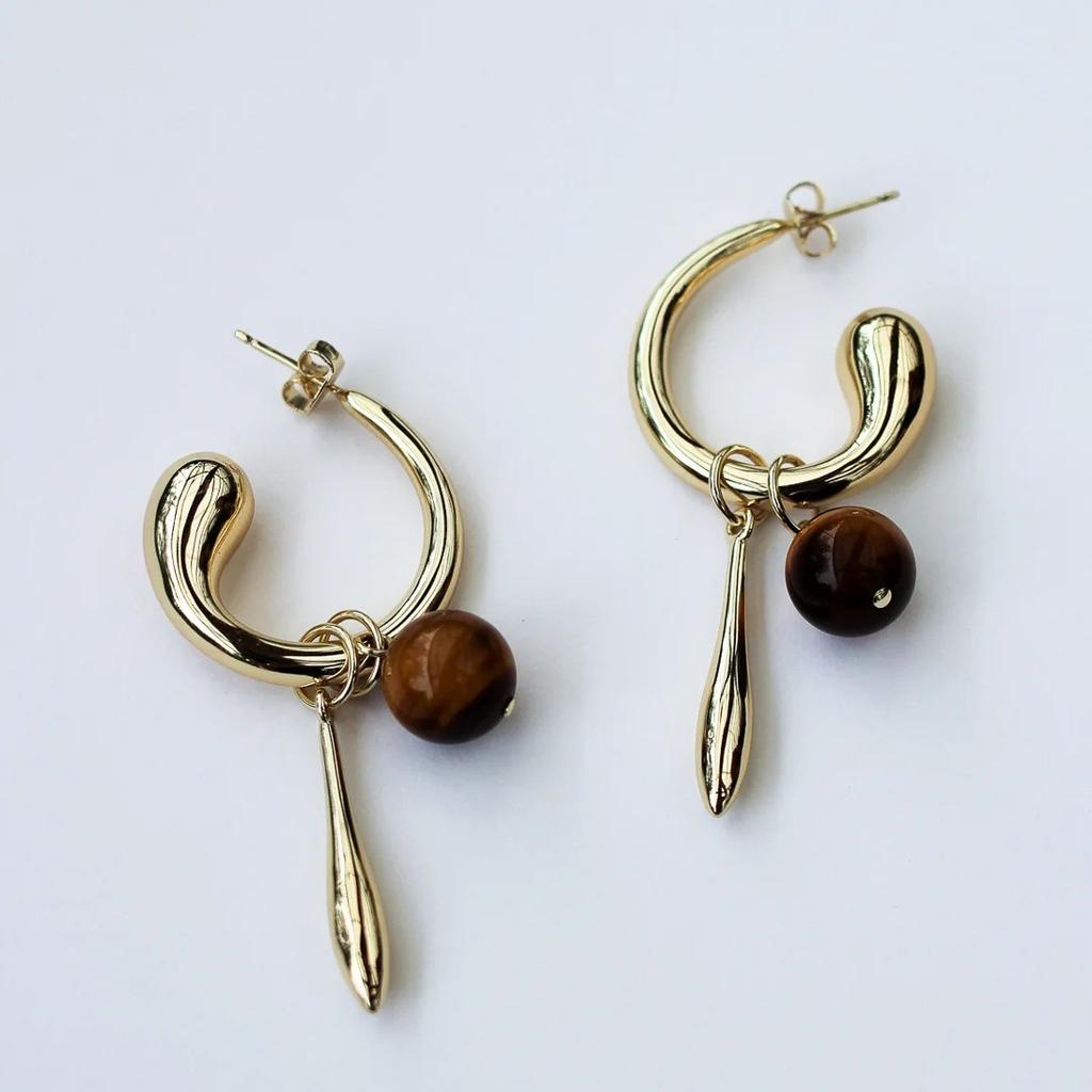 Maillard Wind Ancient Tiger'S Eye Pendant Earrings S925 Silver Needle Earrings Retro Niche Design Earrings