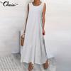 Celmia Spring Summer Women's Fashion Striped Cotton Tank Maxi Dress A Line Sleeveless O Neck Pleated Casual Loose Long Dresses Plus Size Kleid