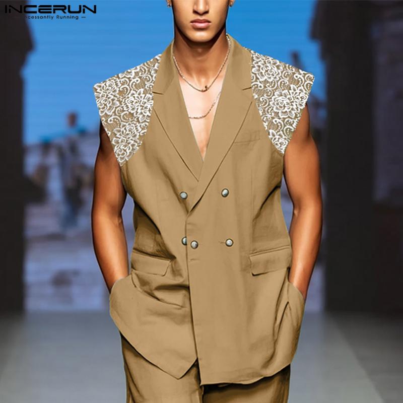 INCERUN Vestă lungă casual subțire fără mâneci cu rever și patchwork de dantelă pentru bărbați