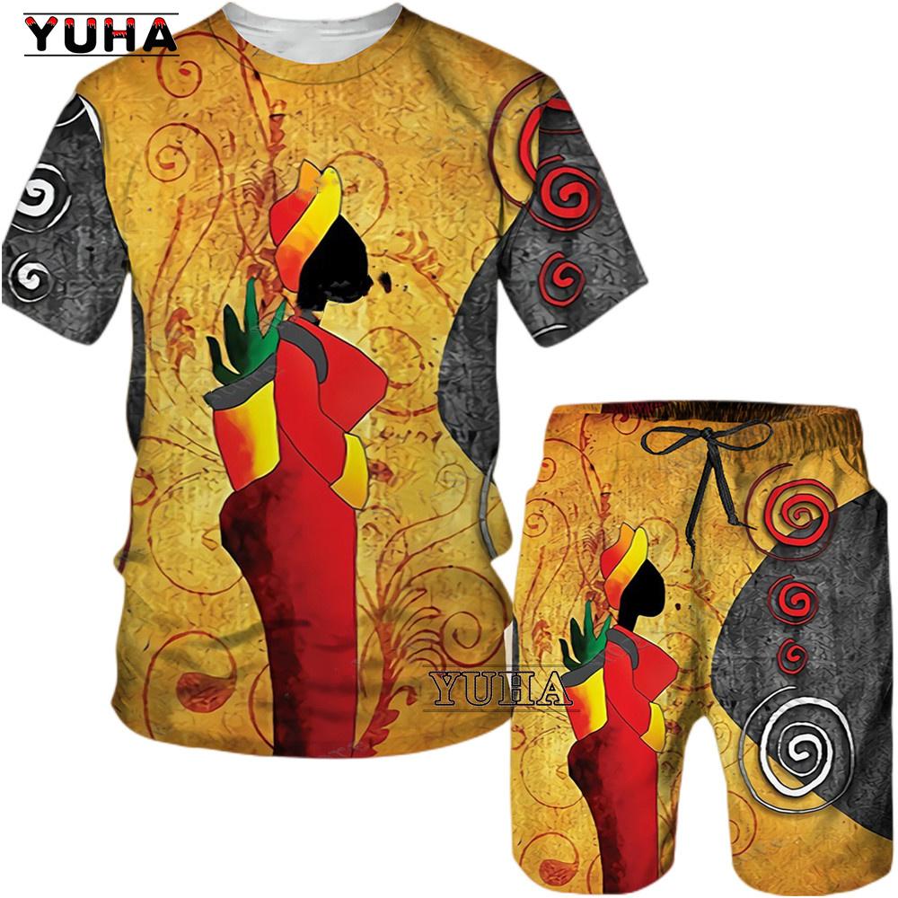 YUHA,Short Sleeve Plus Size Men Retro Ethnic Print Tracksuit Couple Dashiki Clothes Summer African Men's T Shirt Shorts Two Piec
