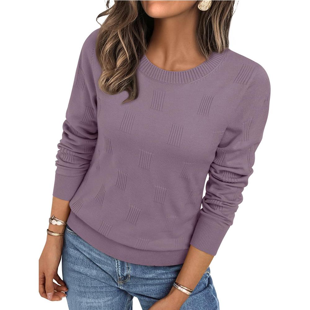 Women S Casual Knitted Pullover Sweater Round Neck Long Sleeve Solid Color