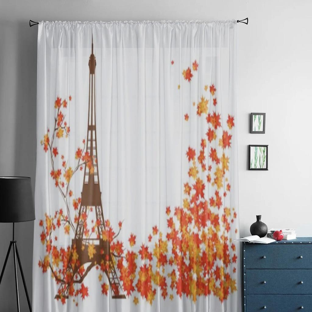 Eiffelturm und Herbstblätter, Tüll-Vorhänge für Wohnzimmer-Dekoration, moderne Schleier-Chiffon-Vorhänge, Schlafzimmer, transparenter Voile