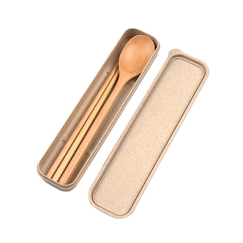 with Box Wooden Fork Chopsticks Natural Rice Soups Spoon Dinnerware Cutlery  Kitchen Accessories