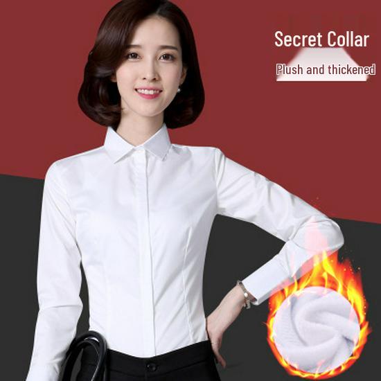 Women's Fleece-Lined Long-Sleeve Shirt: New Autumn/Winter Style, Thick & Warm Base Layer, Professional Formal Wear
