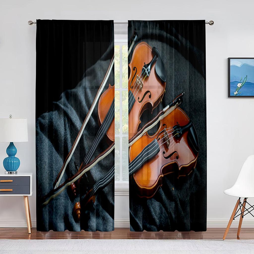 Vintage Fiolin på Trä Skira Voilgardiner för Vardagsrum Sovrum Chiffong Tyllgardiner Kök Fönsterbehandlingar Draperier