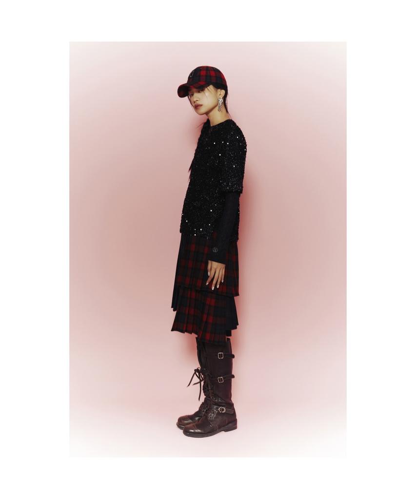 LUCKY CHOUETTE [Holiday Edition] Check Mix Pleats Long Skirt (Multi Color) Lfkas25010Xxx