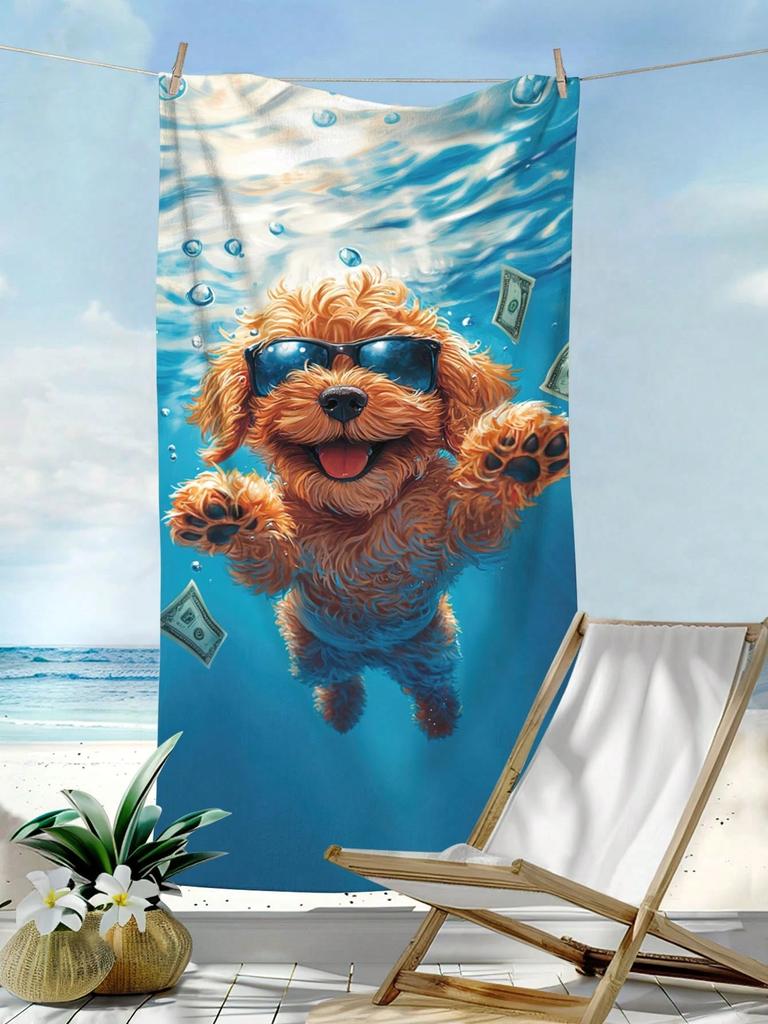 1PC Teddy Dog Print Beach Towel Ultra Soft Absorbent For Vacation Travel Swimming