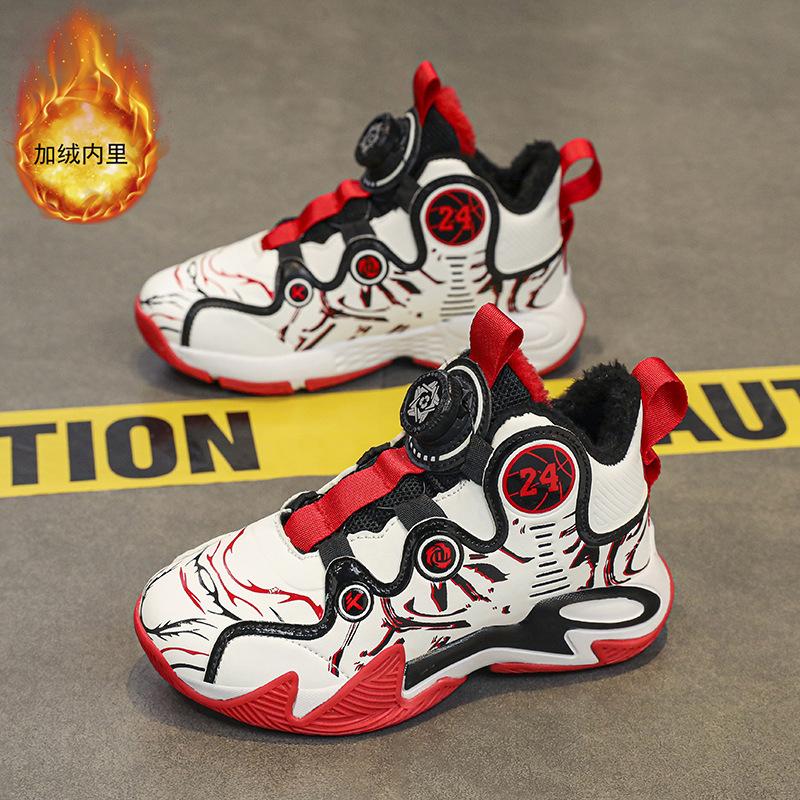 Children's basketball shoes winter new velvet large cotton thermal sneakers medium and older children's button leather sneakers running shoes