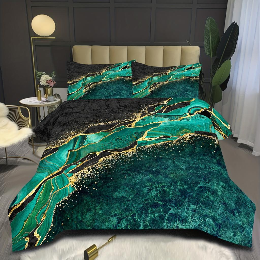 Marble Pattern Bedding Set Green Black Golden Boy Quilt Cover Washable Microfiber Soft Comfortable 2/3pcs Set Magical Gifts
