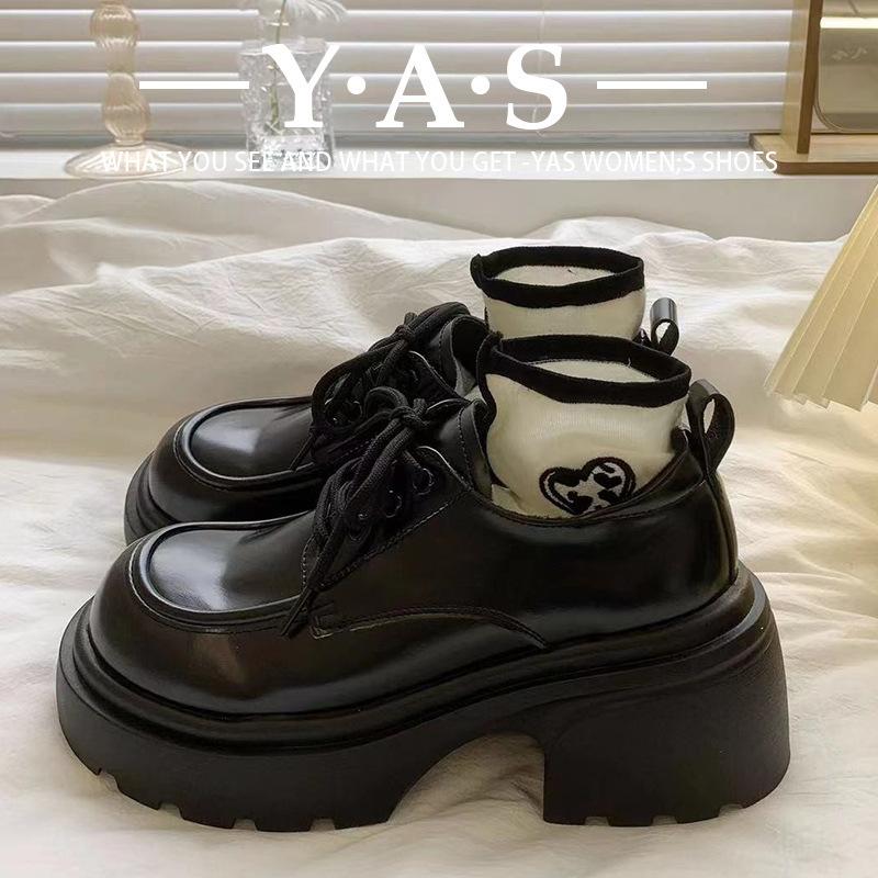 Black British style thick heel lace-up small leather shoes for women's spring and autumn new Japanese JK heightening Mary Jane commuter work shoes