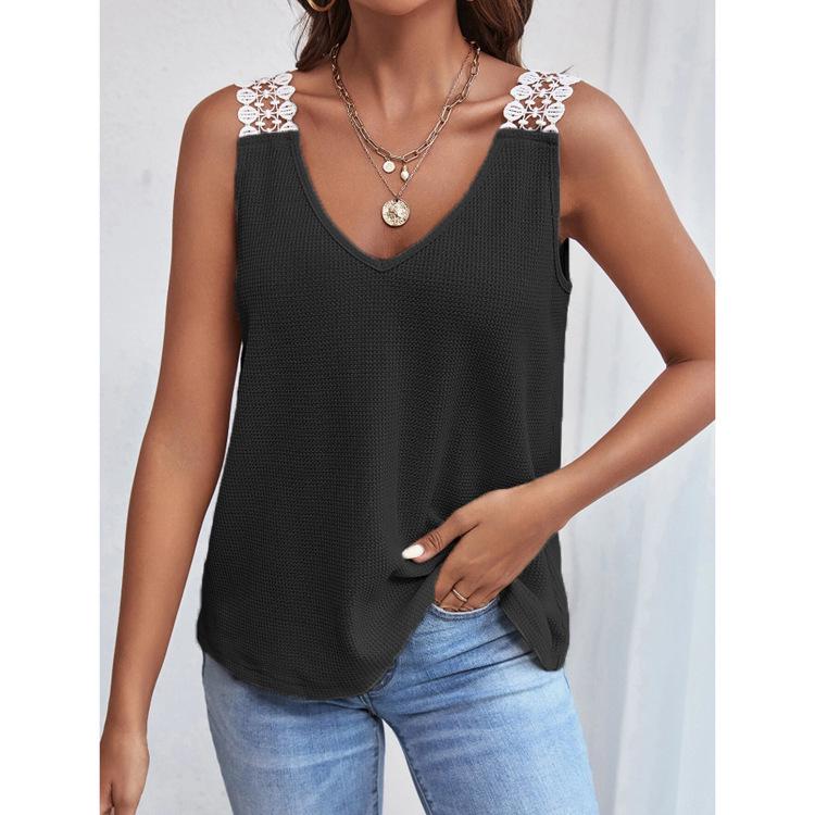 2025 Women's Solid Casual Lace Waffle Knit Patchwork Tank Top