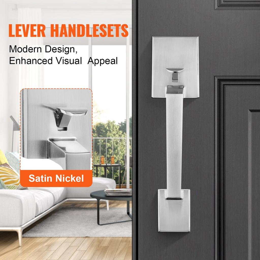 Front Door Handle, Square Entry Handle Set with Lever, No Lock, Adjustable Hole Space, Zinc Alloy Die-Casting, Reversible for Right and Left Handed
