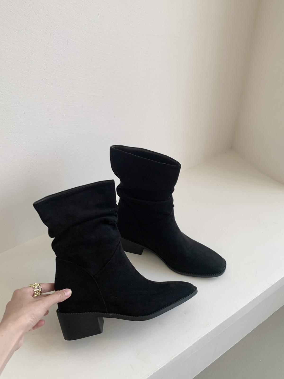 Vintage Khaki Coarse Heel Pleated Pile Boots Women s Season Square Head Short Boots Western Cowboy Boots 35