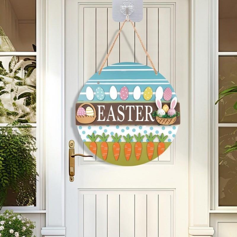 Easter Bunny Welcome Sign Wooden Door Hanging Decoration for Home Room Gate Holiday Craft Ornament Background Wall Decoration