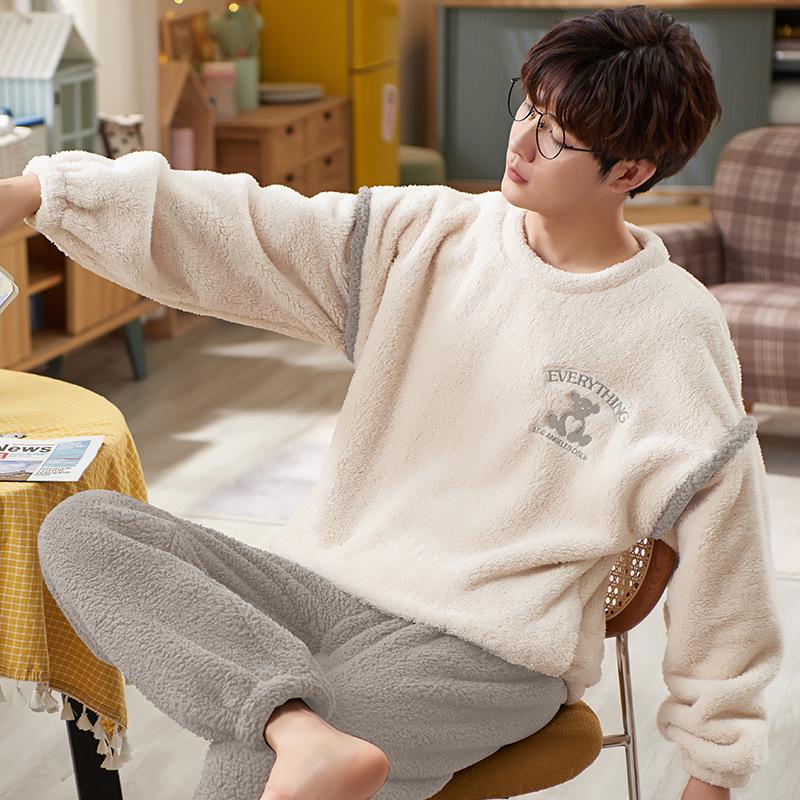 Men's Winter Thickened Coral Fleece Pajamas: Cute Cartoon Warm Homewear Set for Teenagers and Students
