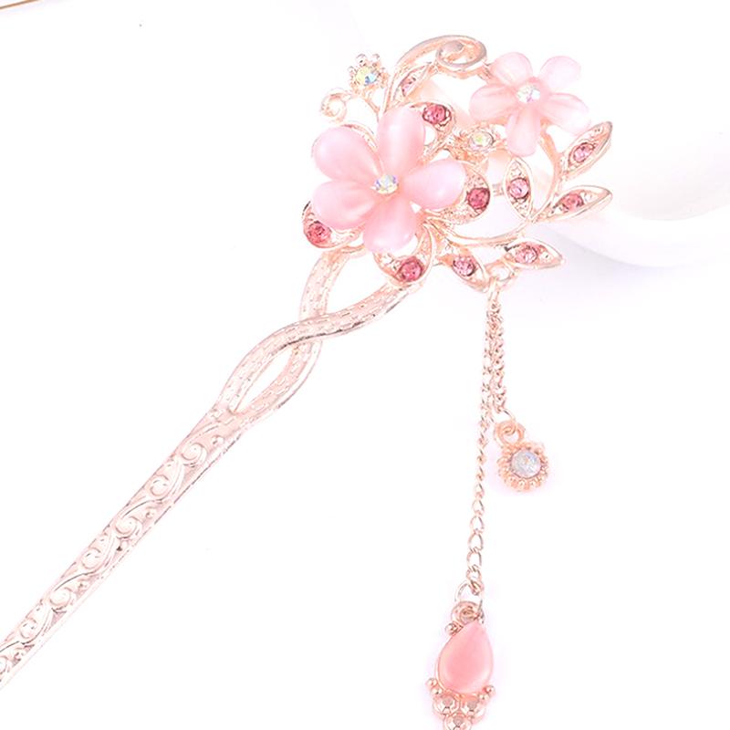 Haarnadel im chinesischen Stil mit Katzenaugenstein, Doppelte Blume, Schüttel-Schritt-Haarstab, Elegante Dutt-Haarnadel & Haaraccessoire