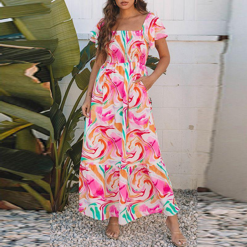 

European and American Flower Print Short sleeve Dress Women 2025 Summer New High Waist Slimming Casual Three-Quarter Sleeve Skirt Women Pink P1022 S code fits (45.00 kg-55.00 kg