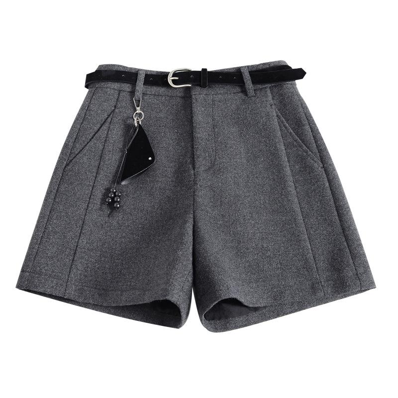 Women's Gray-Black Woolen Bootcut Shorts - Fashionable Autumn/Winter 2025