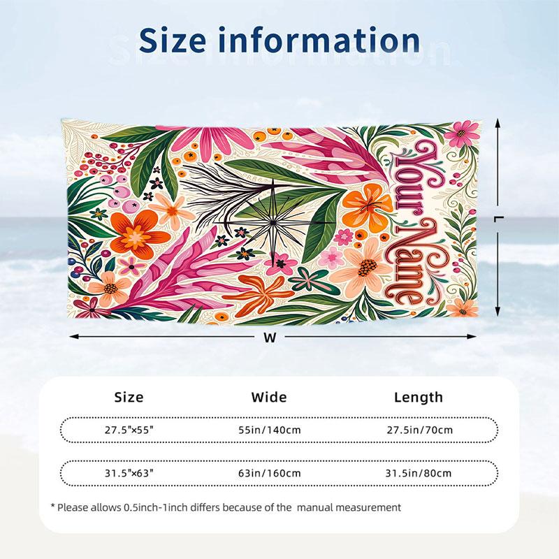 Floral Artwork 5 Theme Quick Dry Beach Towel Custom Name Text Print Large Sand Resistant Towel Beach Vacation
