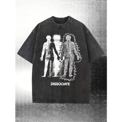 European Sizes Men's Washed T-Shirt with "DISSOCIATE" Dissociative Portrait Design - Loose Fit Vintage Distressed Style, Summer Round Neck Tee