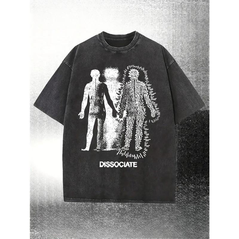 

European sizes Men s Washed T-Shirt with DISSOCIATE Dissociative Portrait Design - Loose Fit Vintage Distressed Style, Summer Round Neck Tee S чёрный