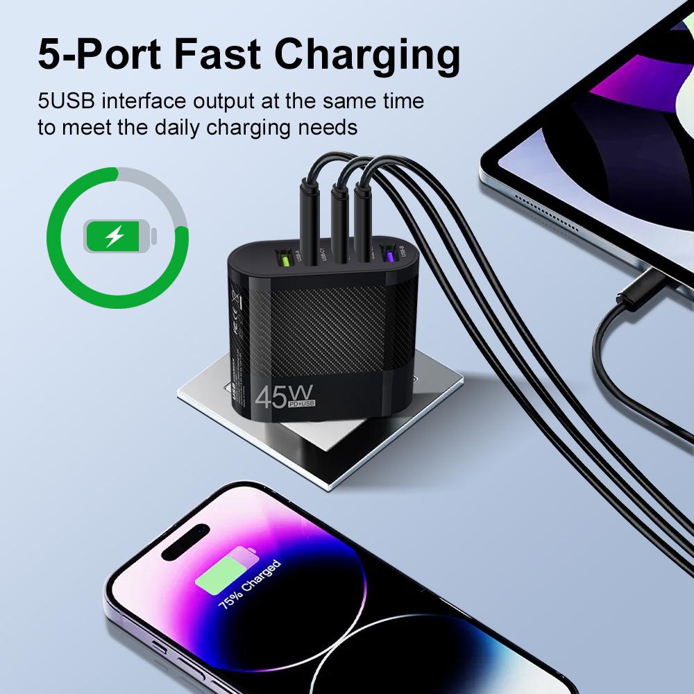 Mark 45W Multi-Port Charger: 2 USB + 3 Type-C, EU/US/UK Plug for Mobile Phones