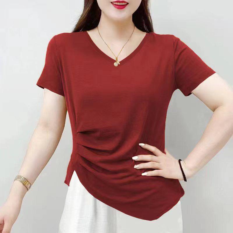 Summer New Elegant Fashion V-neck Short Sleeved T-shirt Women's Solid Asymmetric Patchwork Slim Versatile Folds Pure Cotton Top