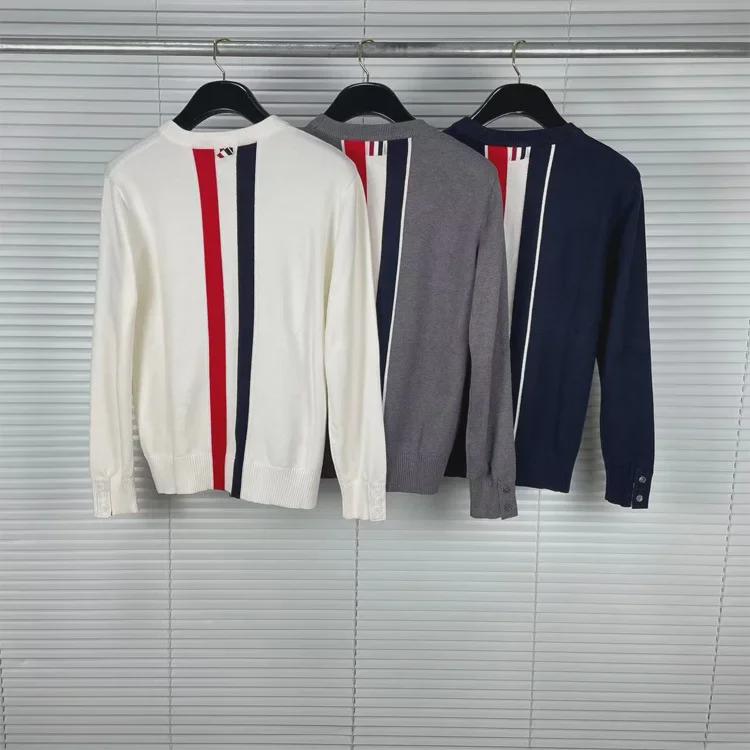 TB Tom Unisex Autumn/Winter Wool Sweater: Casual, Comfortable Long-Sleeve with Round Neck and Bold Back Stripe.
