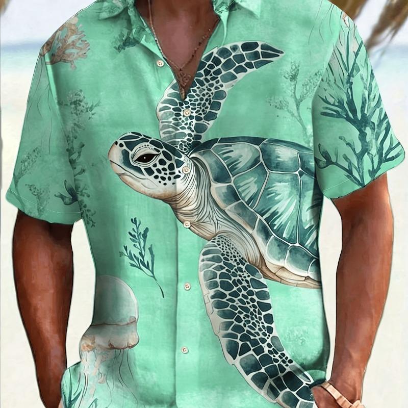 Men's Simple Hawaiian Print Button-Down Shirt -, Summer Vacation and Resort Wear