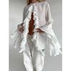European and American New Chiffon Design Round Neck Bell Sleeve Frill Shirts Lotus Leaf Lace Shirt