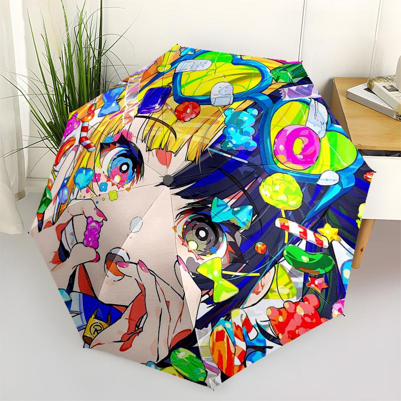 

1pc Colorful Gemstone & Anime Girl Outdoor Umbrella - Automatic Opening/Closing, Portable 3-Fold Design, 8-Rib Iron Frame, Perfect Gift for Fans,