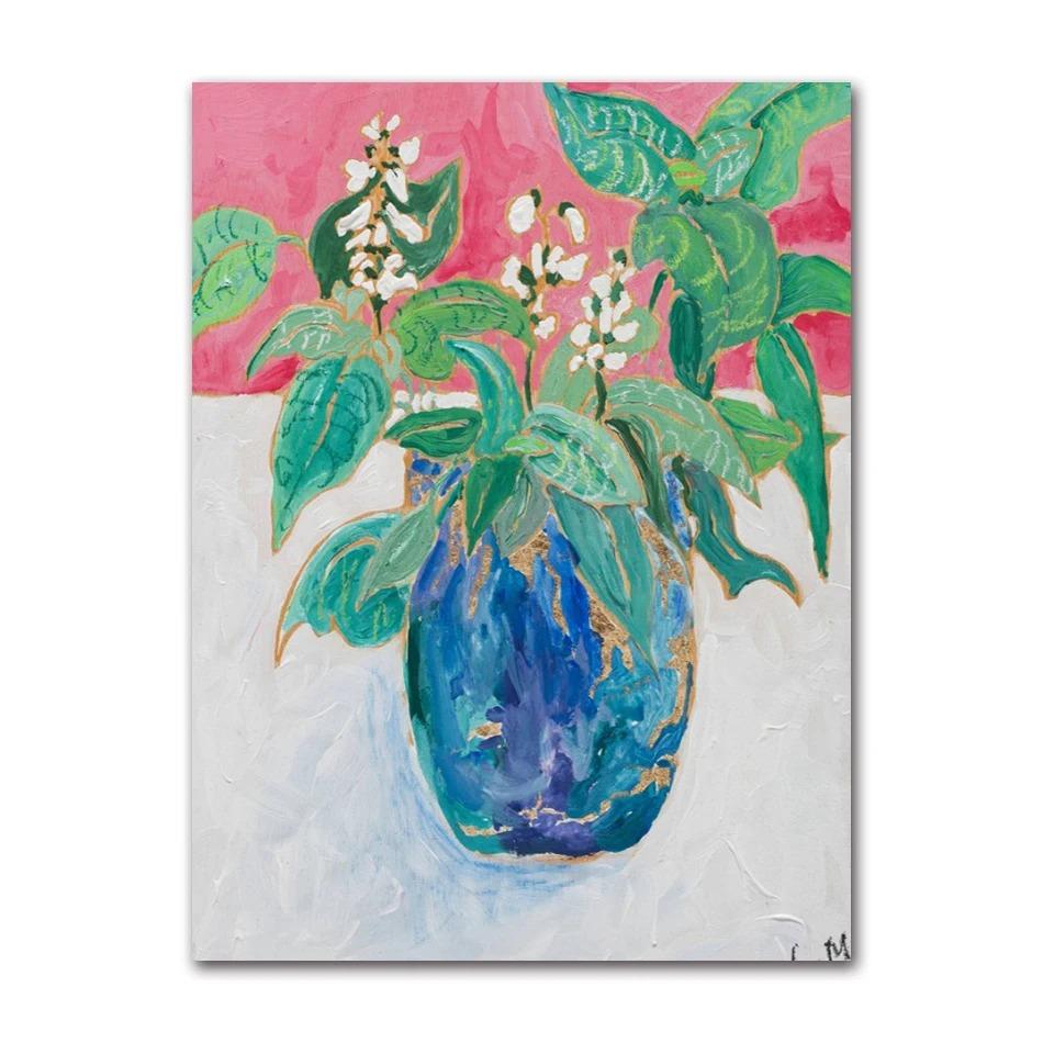 Nordic Flower Leaf Colorful Vase Art Print Wall Poster Canvas Painting Retro Picture Modern Home Decor Bedroom Decoration