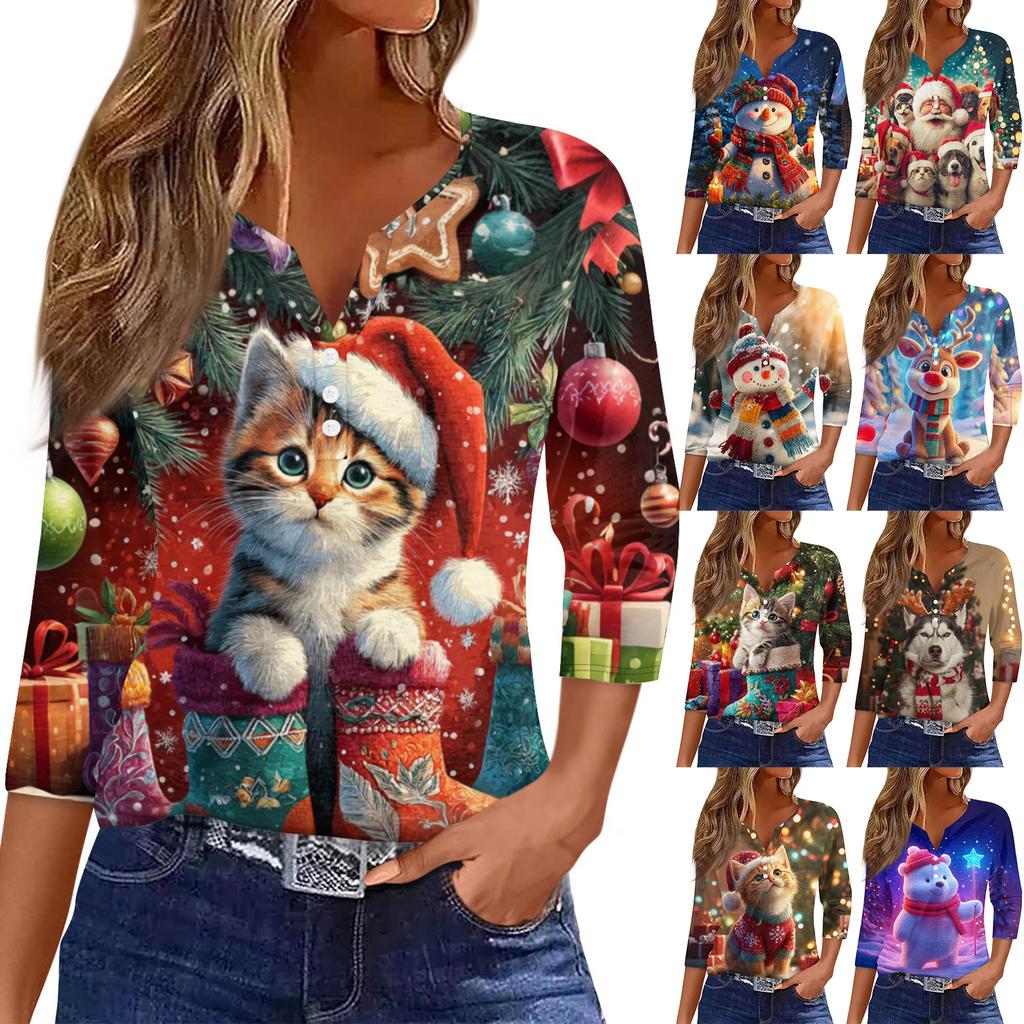 Women's Fashionable Casual Christmas Printed V-neck Three-quarter Sleeve Decorated Button Top